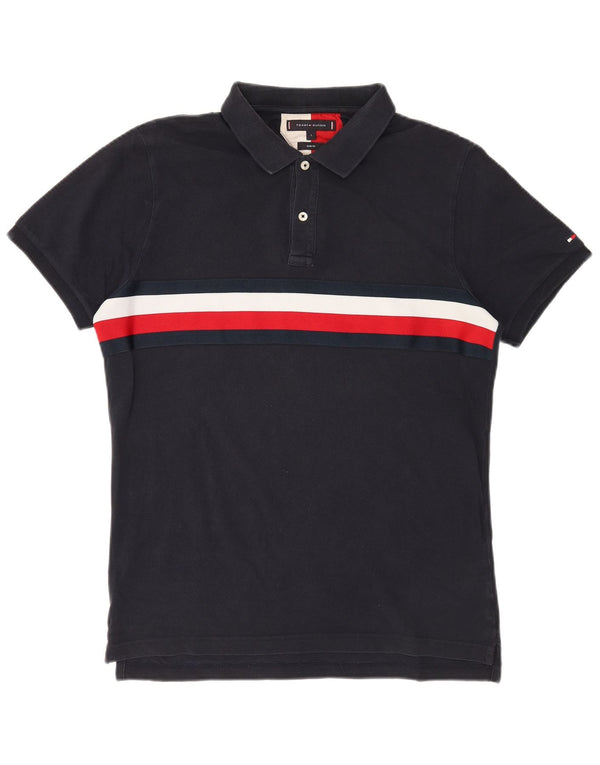 Tommy Hilfiger Mens Slim Fit Polo Shirt Large Navy Blue Striped Cotton