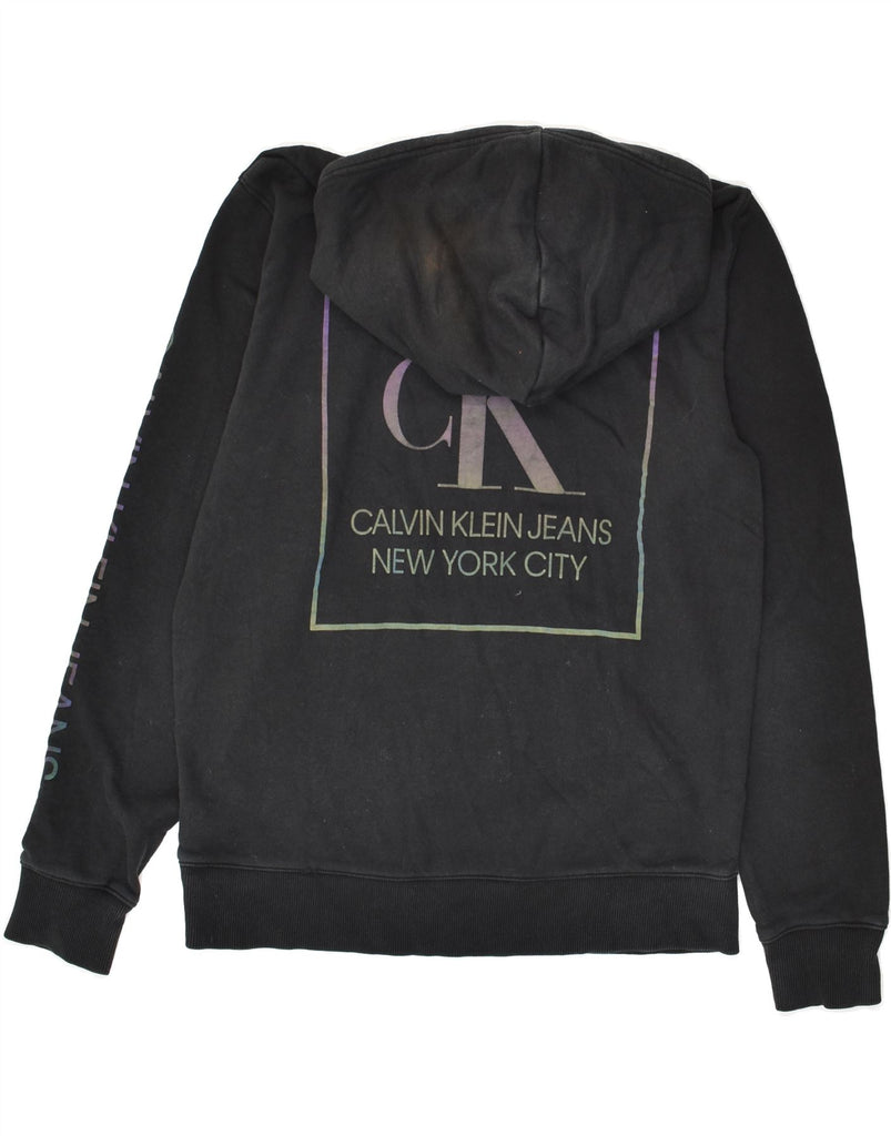 CALVIN KLEIN Womens Graphic Hoodie Jumper UK 14 Medium Black Cotton | Vintage Calvin Klein | Thrift | Second-Hand Calvin Klein | Used Clothing | Messina Hembry 