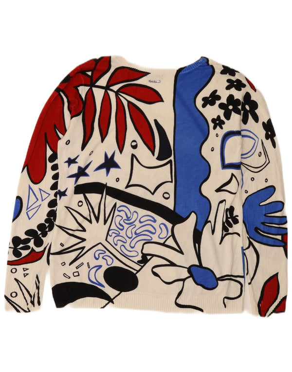 Desigual Womens Graphic V-Neck Jumper Sweater UK 18 XL Off White Viscose