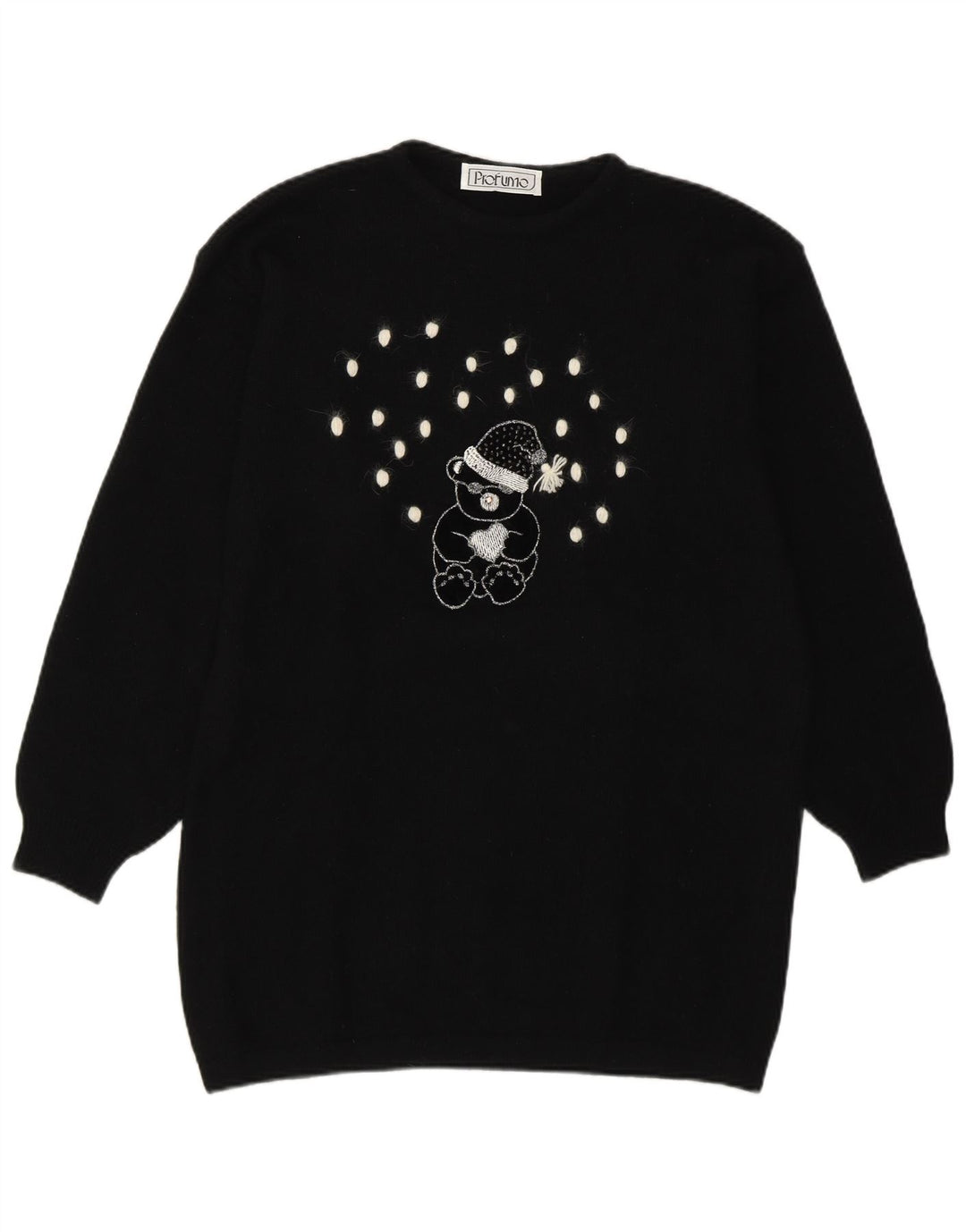 Vintage Womens Graphic Crew Neck Jumper Sweater UK 16 Large Black Wool