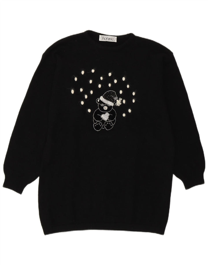 Vintage Womens Graphic Crew Neck Jumper Sweater UK 16 Large Black Wool