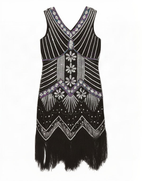 Vintage Womens Sleeveless Sequin Charleston Dress UK 18 XL Black Geometric