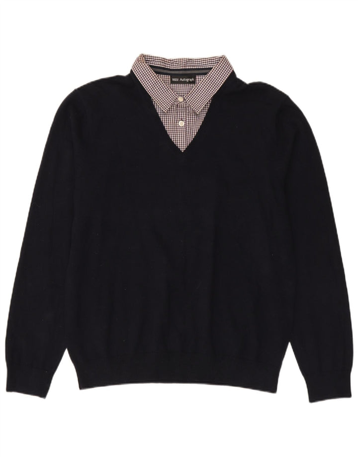 Marks & Spencer Mens Autograph V-Neck Jumper Sweater Large Navy Blue Cotton