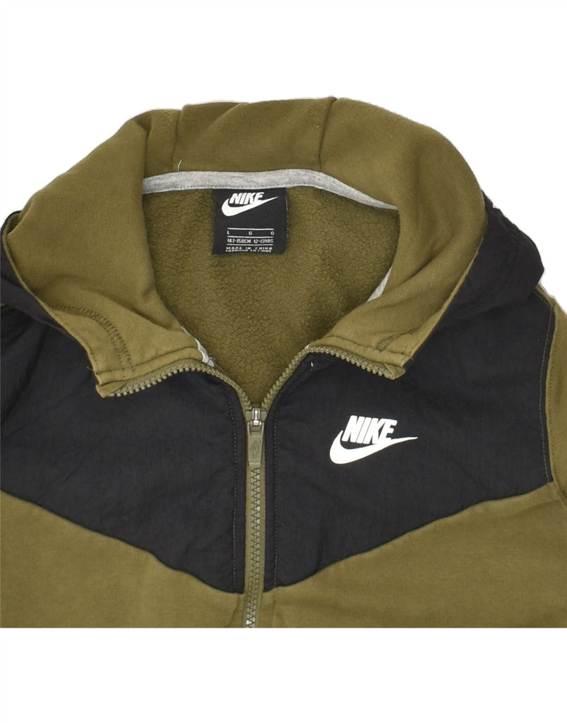 NIKE Boys Graphic Zip Hoodie Sweater 12-13 Years Large Khaki Colourblock | Vintage Nike | Thrift | Second-Hand Nike | Used Clothing | Messina Hembry 