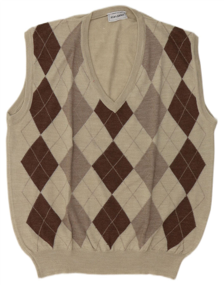 Vintage Mens Vest Tank Top Large Beige Argyle/Diamond Acrylic