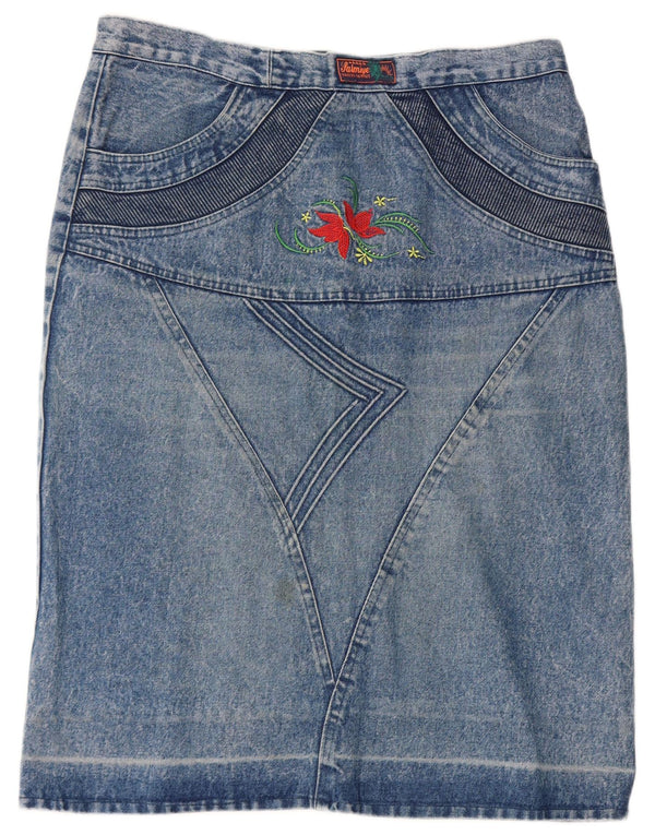 Vintage Womens Denim Skirt IT 48 XL W34  Blue Floral Cotton