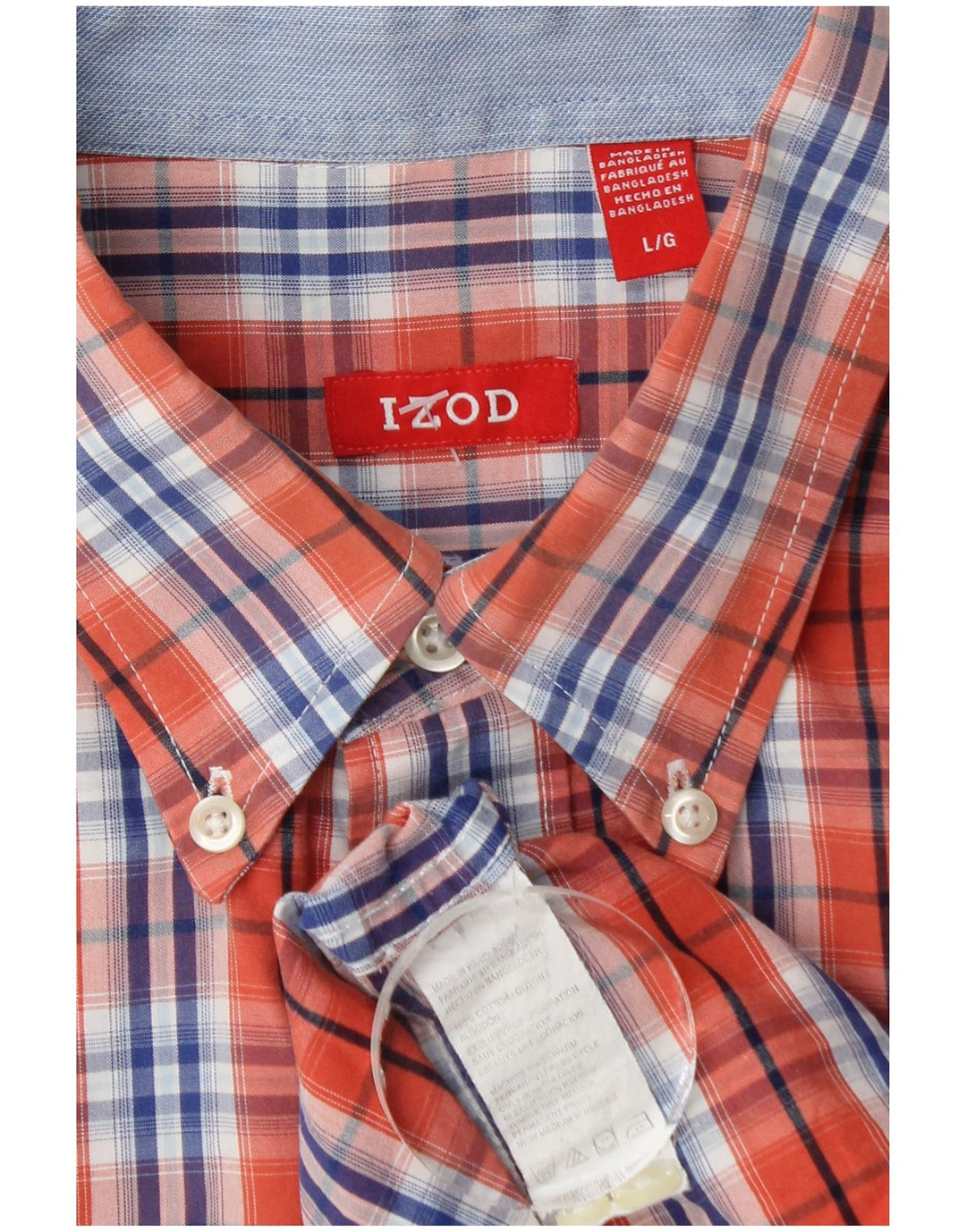 Izod Mens Shirt Large Orange Check Cotton
