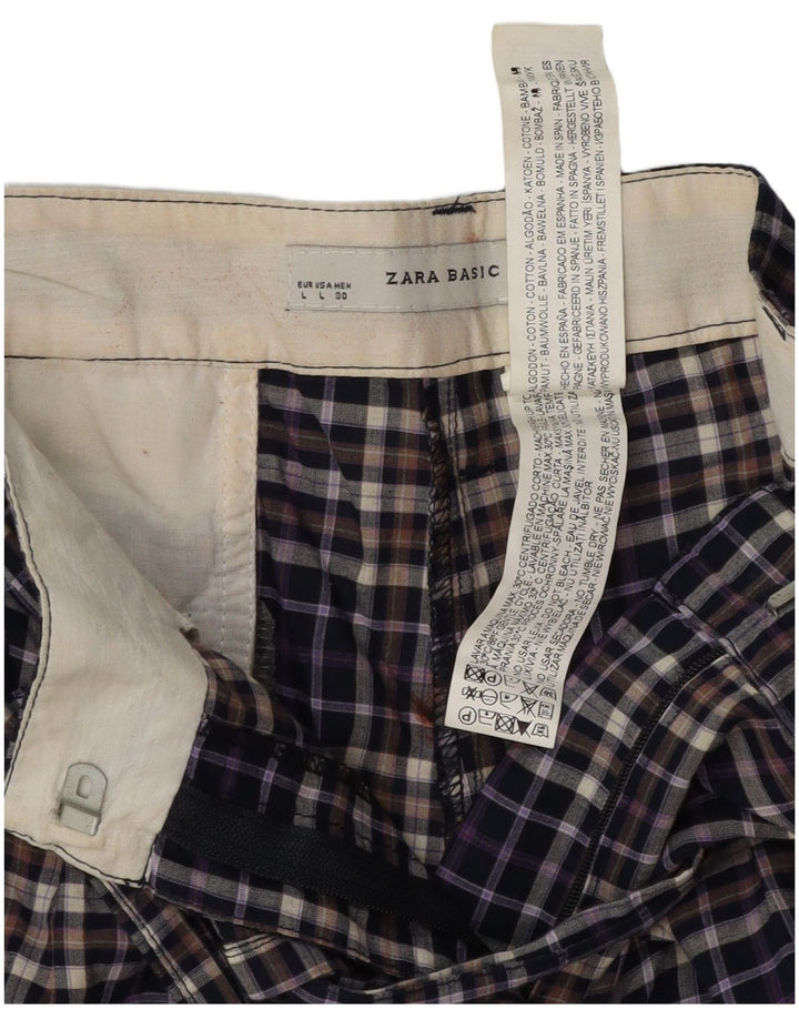 Zara Mens Chino Shorts Large W30 Navy Blue Check Cotton