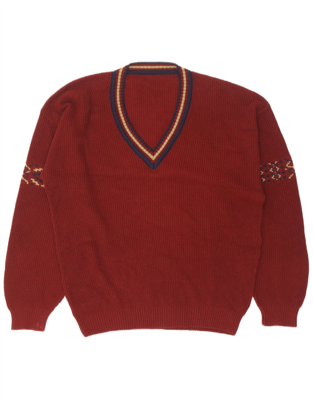 Vintage Mens V-Neck Jumper Sweater Size 50 Medium Maroon Geometric Cotton