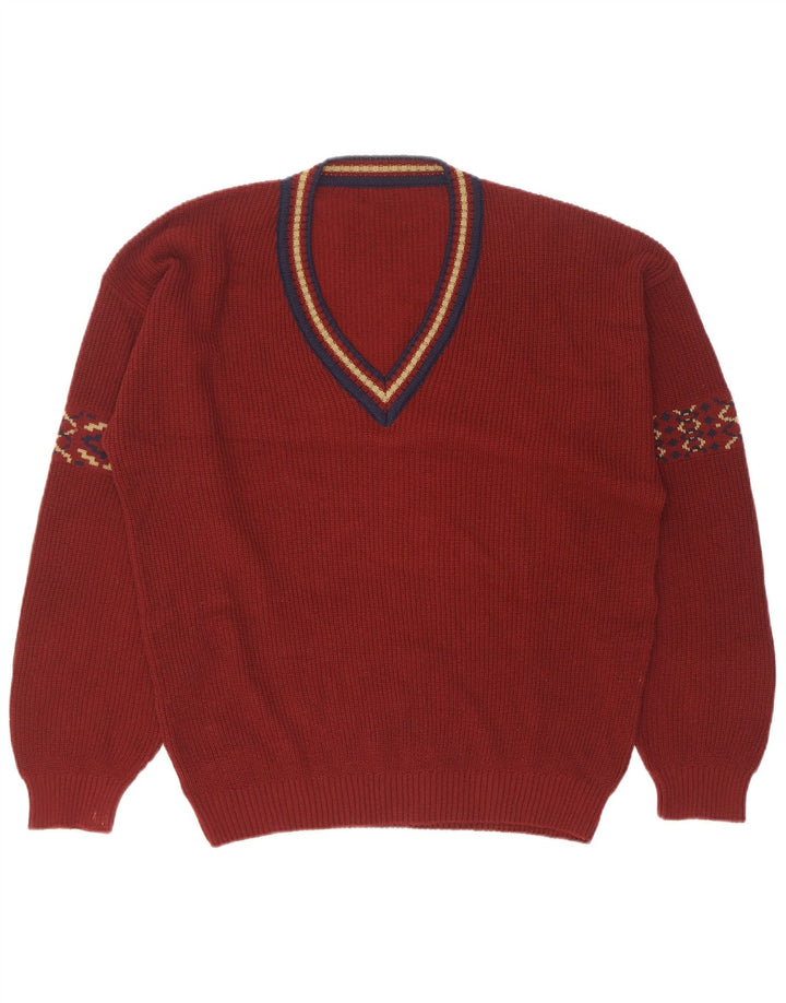 Vintage Mens V-Neck Jumper Sweater Size 50 Medium Maroon Geometric Cotton
