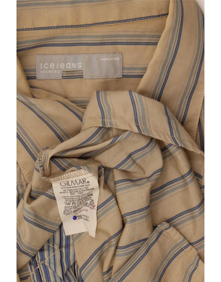 Iceberg Mens Shirt Medium Beige Striped Cotton