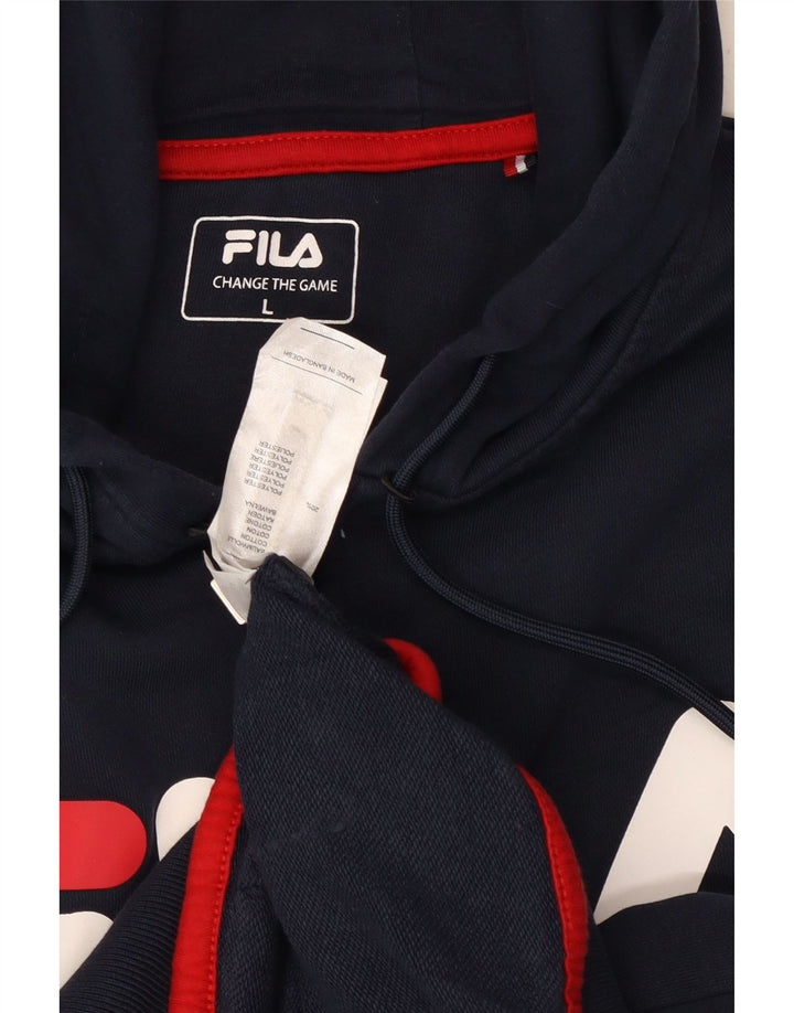 FILA Mens Graphic Zip Hoodie Sweater Large Navy Blue Cotton