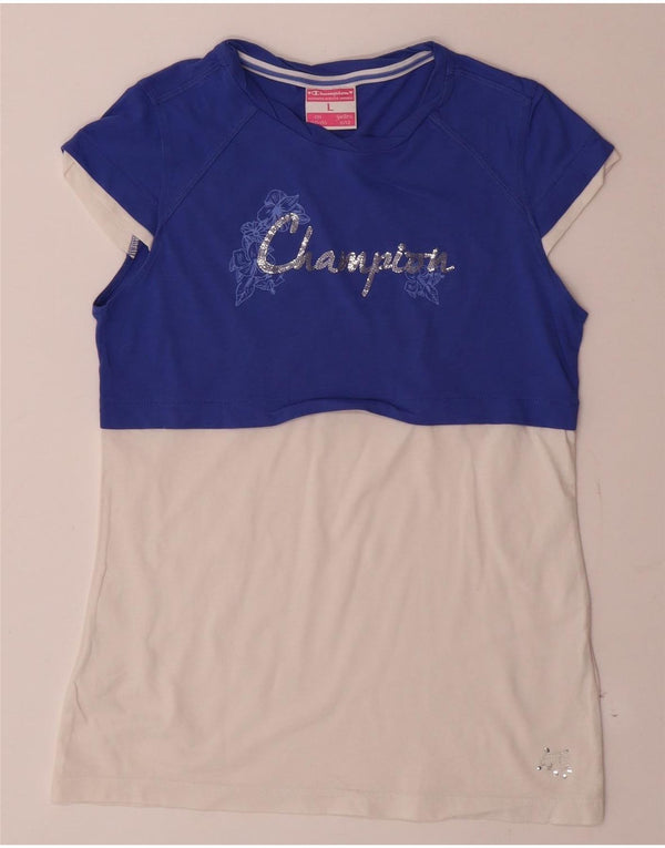 Champion Girls Graphic T-Shirt Top 11-12 Years Large Blue Colourblock