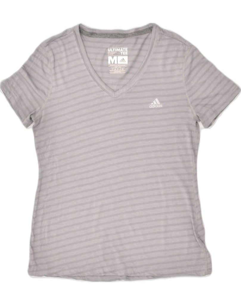 ADIDAS Womens T-Shirt Top UK 14 Medium Grey Striped Polyester | Vintage Adidas | Thrift | Second-Hand Adidas | Used Clothing | Messina Hembry 