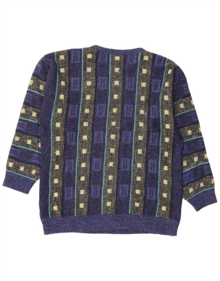 VINTAGE Mens Crew Neck Jumper Sweater Medium Navy Blue Geometric