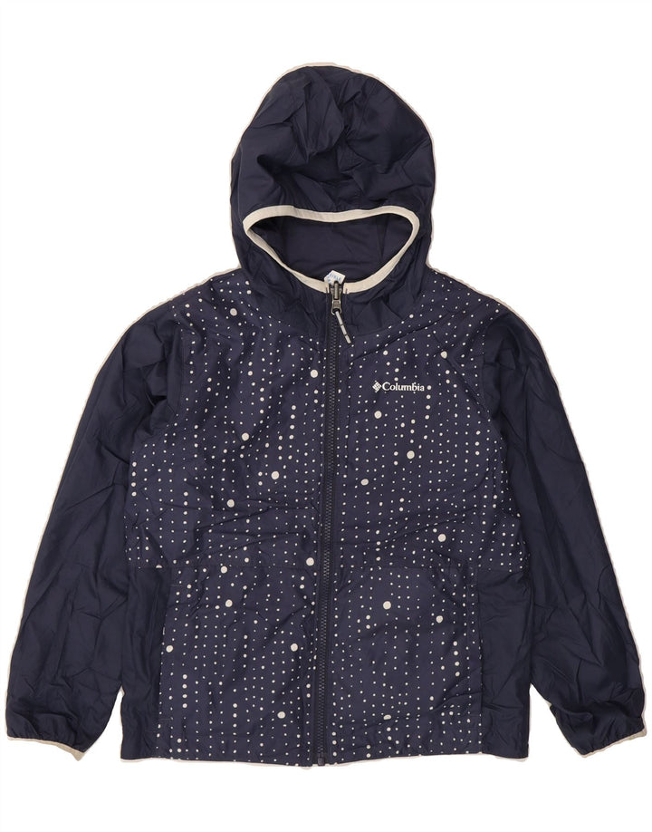 COLUMBIA Girls Hooded Reversible Jacket 7-8 Years Small Navy Blue Vintage Columbia and Second-Hand Columbia from Messina Hembry 