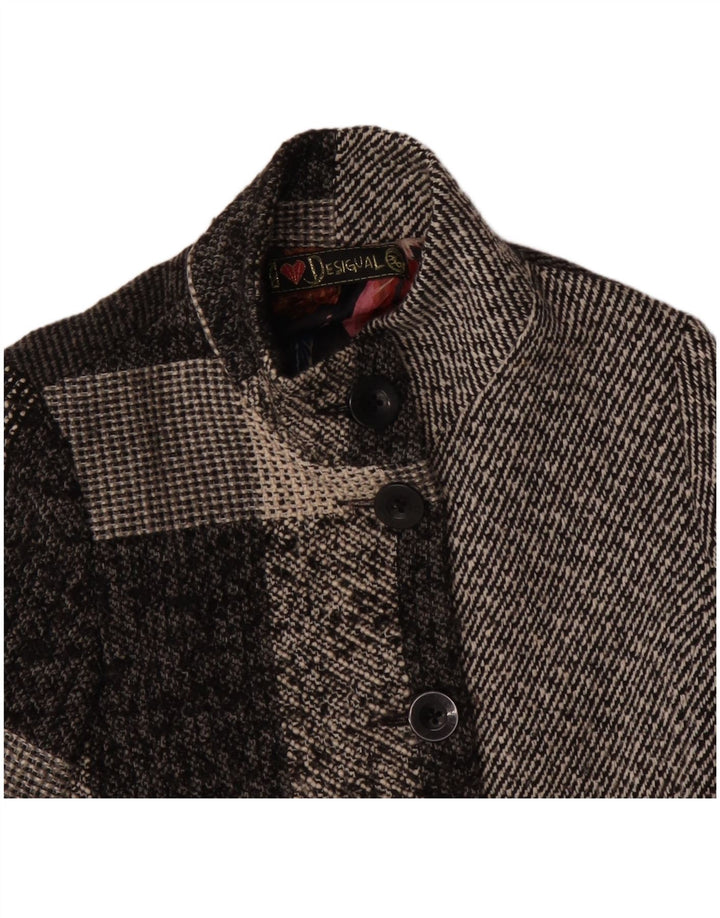 DESIGUAL Womens Overcoat EU 36 Small Grey Patchwork Wool