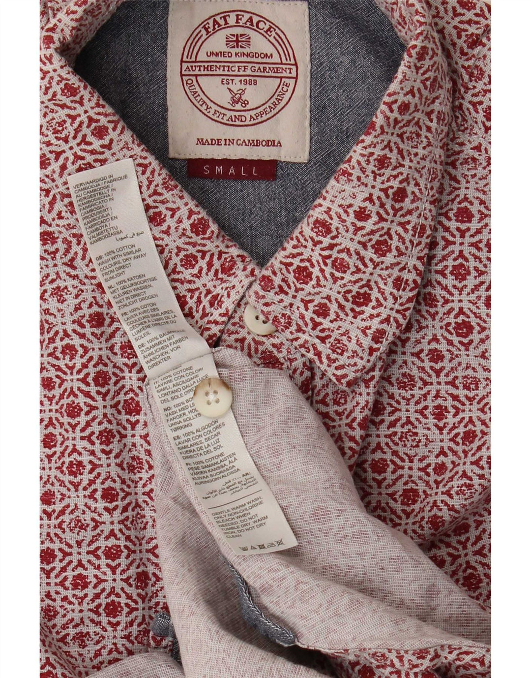 Fat Face Mens Short Sleeve Regular Fit Shirt Small Red Geometric Cotton