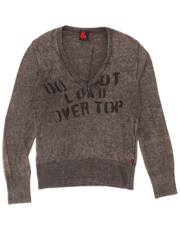 Dolce & Gabbana Womens Graphic V-Neck Jumper Sweater IT 44 Medium Grey Wool