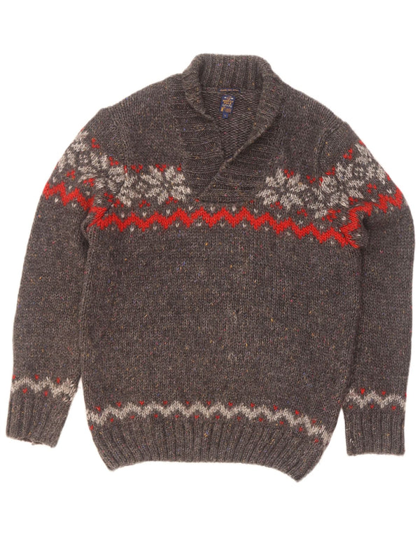 North Pole Mens Shawl Neck Jumper Sweater Large Grey Fair Isle Alpaca Wool