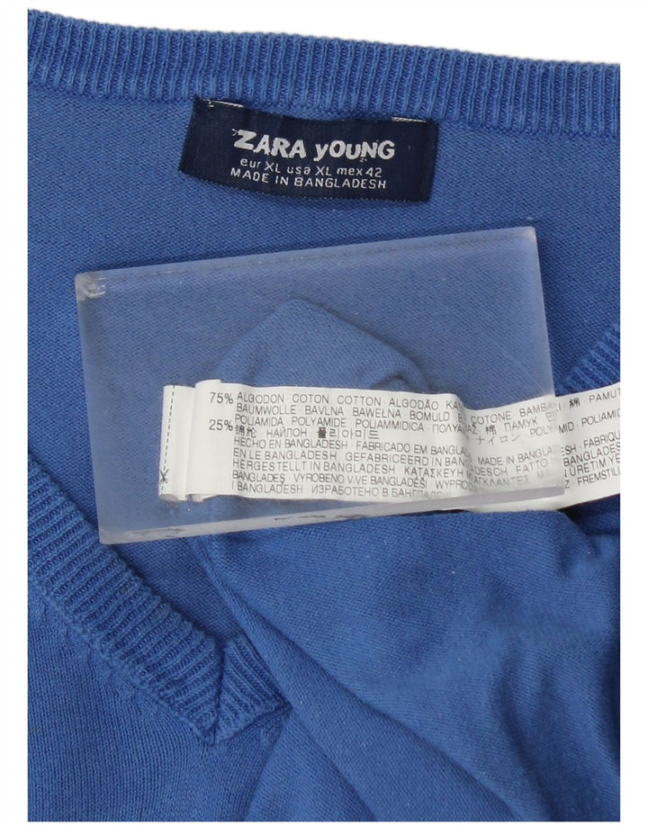 Zara Mens V-Neck Jumper Sweater XL Blue Cotton