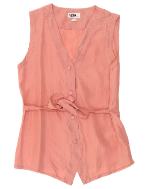 Vintage Womens Sleeveless Shirt Blouse UK 14 Large Pink Silk