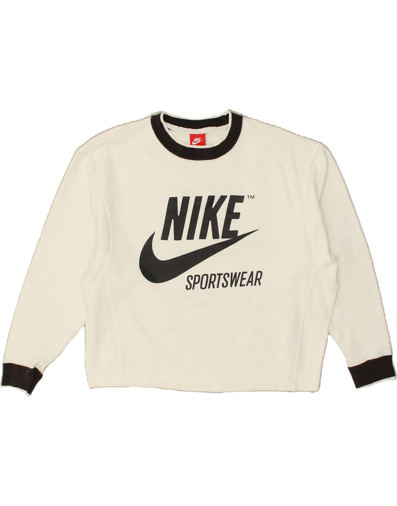 NIKE Womens Graphic Sweatshirt Jumper UK 10 Small White Cotton | Vintage Nike | Thrift | Second-Hand Nike | Used Clothing | Messina Hembry 