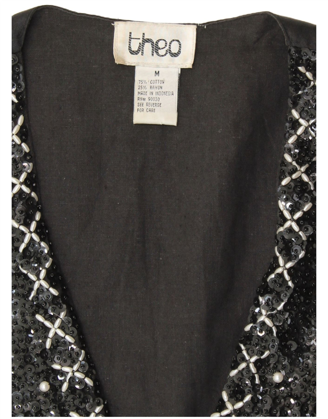 VINTAGE Womens Sequin Waistcoat UK 14 Medium Black Cotton 80s