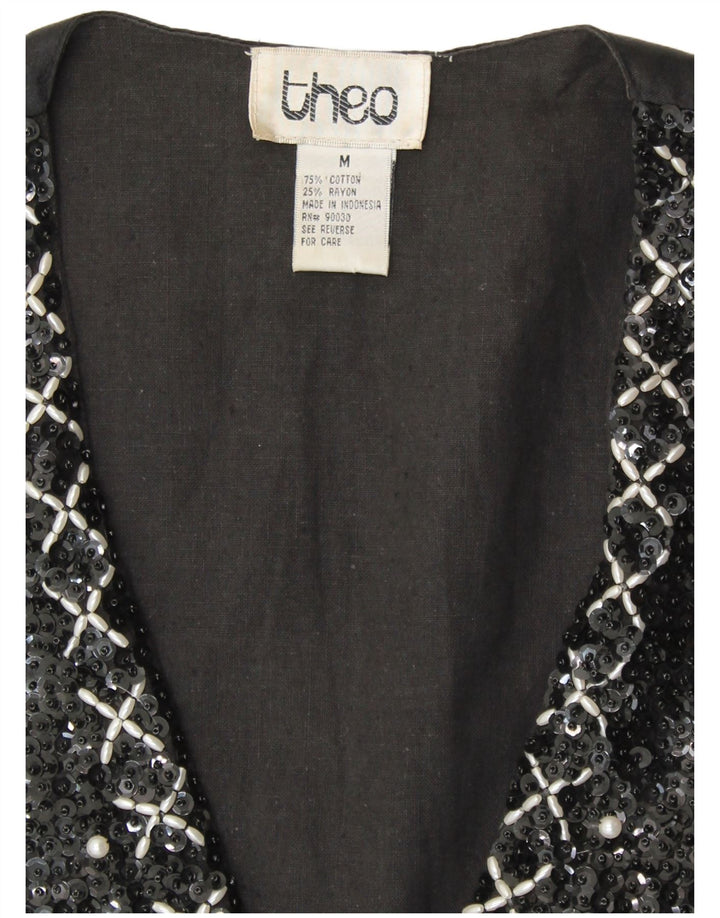 VINTAGE Womens Sequin Waistcoat UK 14 Medium Black Cotton 80s