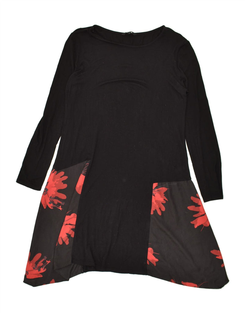 DESIGUAL Womens 3/4 Sleeve Tunic Dress UK 16 Large Black Floral | Vintage Desigual | Thrift | Second-Hand Desigual | Used Clothing | Messina Hembry 