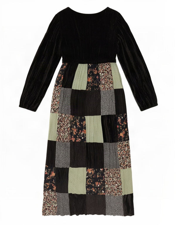 Onyx Womens Long Sleeve Velour Maxi Dress One Size Black Patchwork Viscose