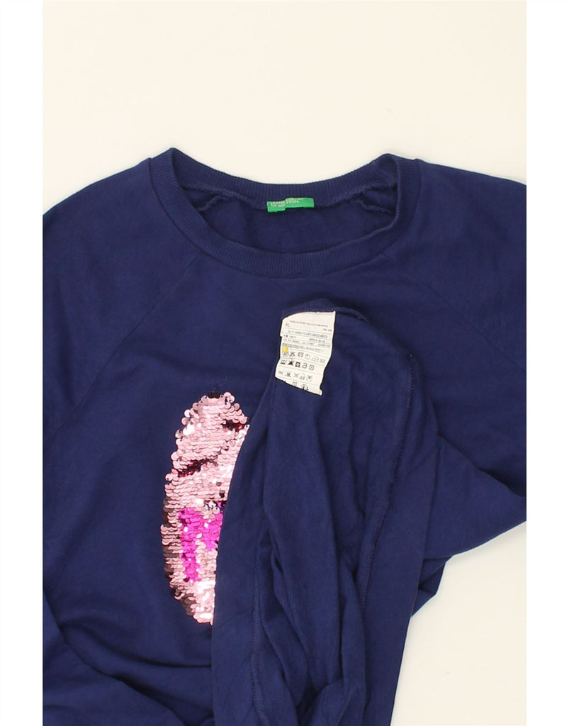 BENETTON Girls Graphic Sweatshirt Jumper 10-11 Years XL Navy Blue Cotton | Vintage Benetton | Thrift | Second-Hand Benetton | Used Clothing | Messina Hembry 