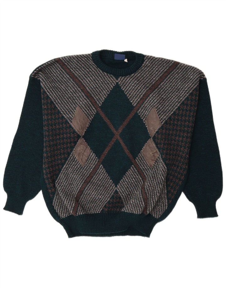 Vintage Mens Crew Neck Jumper Sweater XL Green Argyle/Diamond Wool