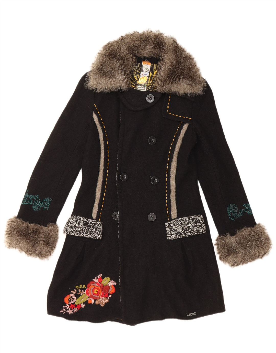 Desigual Womens Graphic Double Breasted Coat EU 36 Small Black Floral Wool