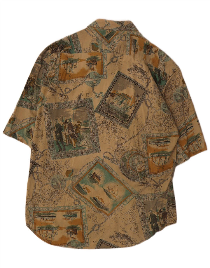 Studio Mens Graphic Short Sleeve Shirt Large Beige Patchwork Viscose