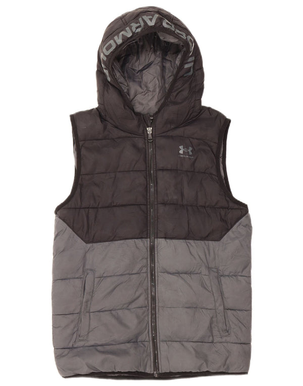 UNDER ARMOUR Boys Hooded Padded Gilet 11-12 Years Large Black Colourblock