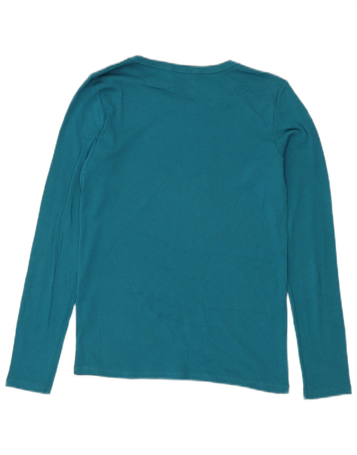 BENETTON Womens Graphic Top Long Sleeve UK 10 Small Blue Cotton
