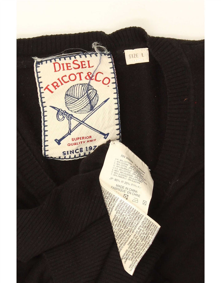 Diesel Mens V-Neck Jumper Sweater Large Black Cotton