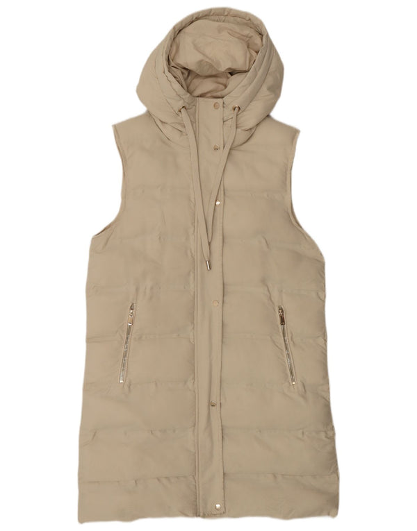 Zara Womens Hooded Longline Padded Gilet UK 10 Small Beige
