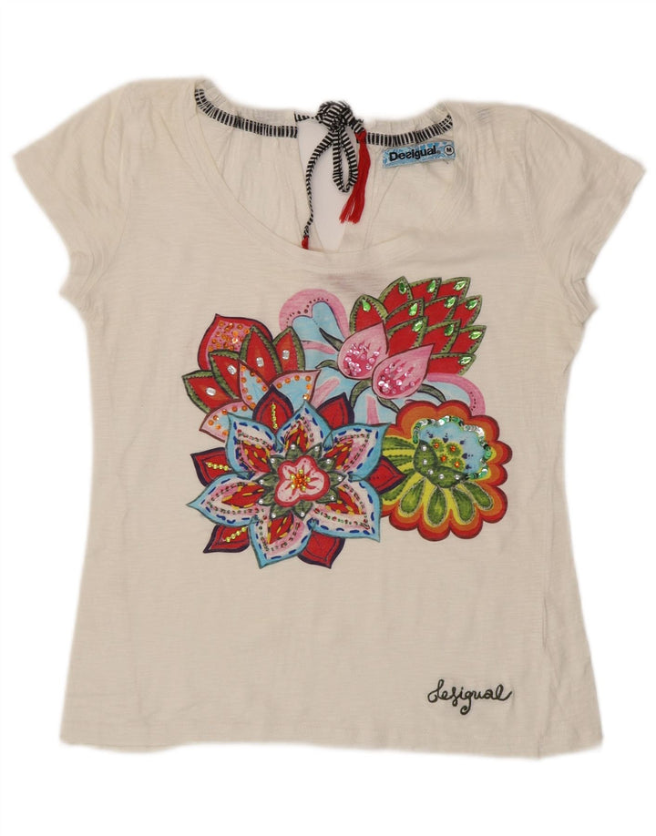 DESIGUAL Womens Graphic T-Shirt Top UK 12 Medium White Floral