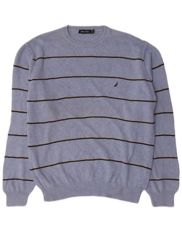 Nautica Mens Crew Neck Jumper Sweater Large Blue Striped Cotton