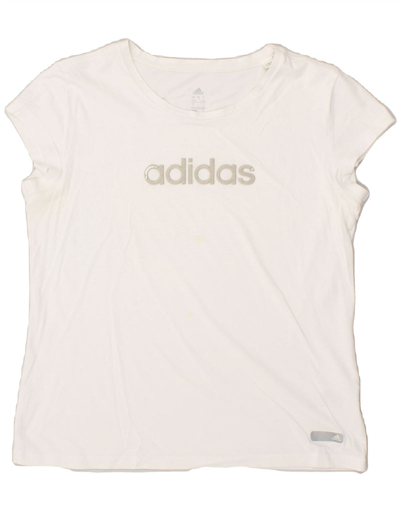 ADIDAS Womens Graphic T-Shirt Top UK 14 Large Off White Cotton | Vintage Adidas | Thrift | Second-Hand Adidas | Used Clothing | Messina Hembry 