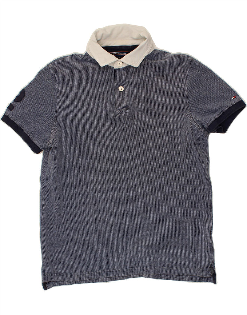 TOMMY HILFIGER Mens Graphic Slim Fit Polo Shirt Medium Navy Blue Cotton Vintage Tommy Hilfiger and Second-Hand Tommy Hilfiger from Messina Hembry 