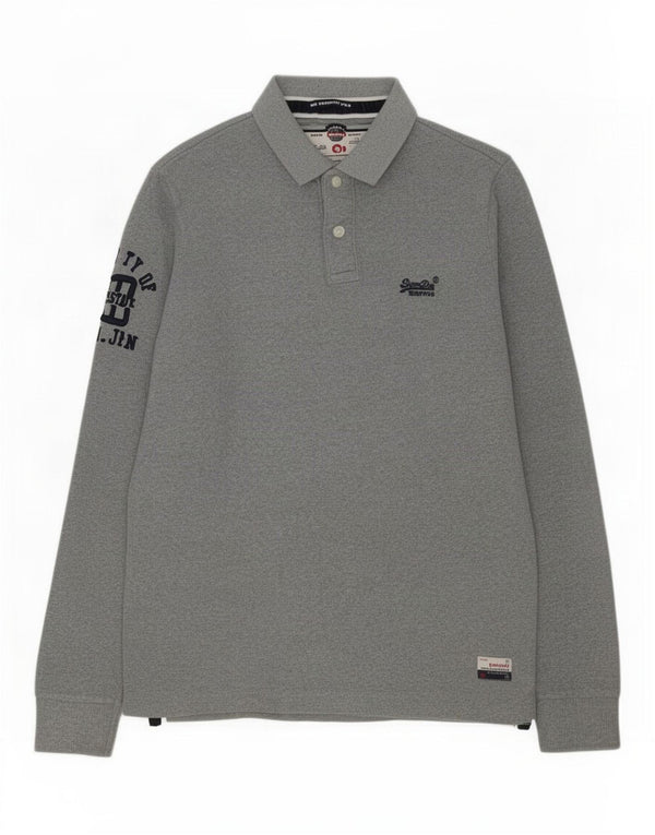Superdry Mens Graphic Long Sleeve Polo Shirt Large Grey Cotton