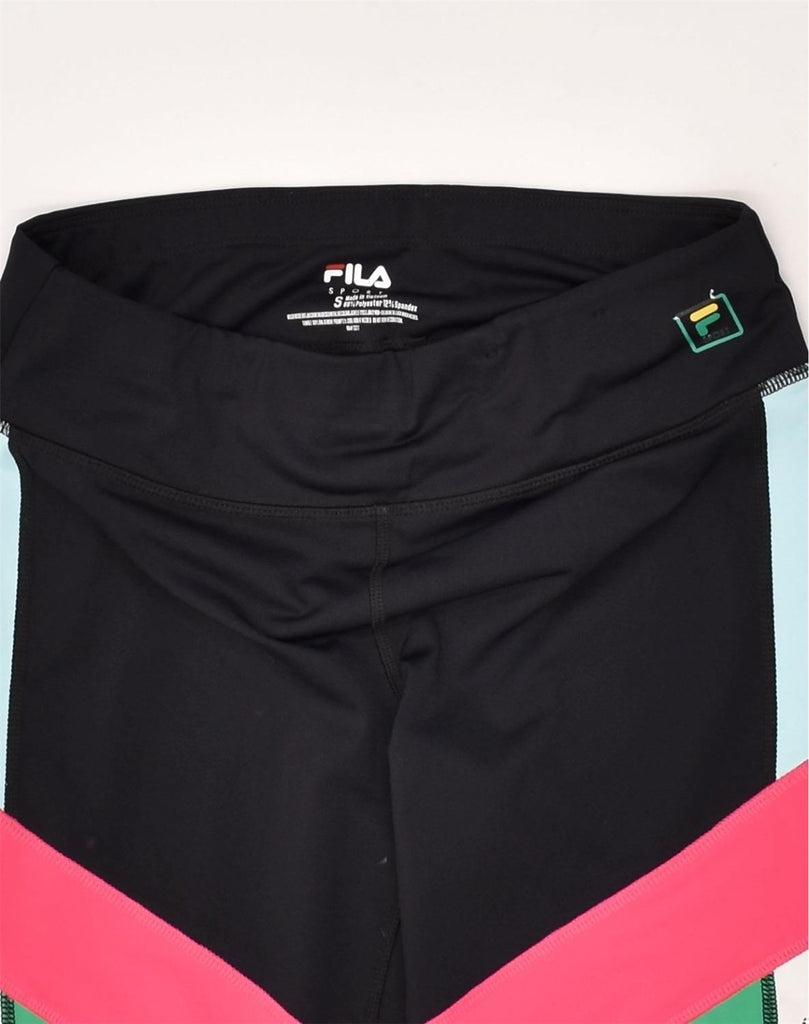 FILA Womens Graphic Capri Leggings UK 8 Small Black Colourblock Polyester | Vintage Fila | Thrift | Second-Hand Fila | Used Clothing | Messina Hembry 