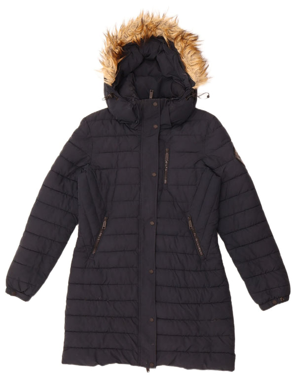 Superdry Womens Hooded Padded Coat UK 10 Small Navy Blue Nylon