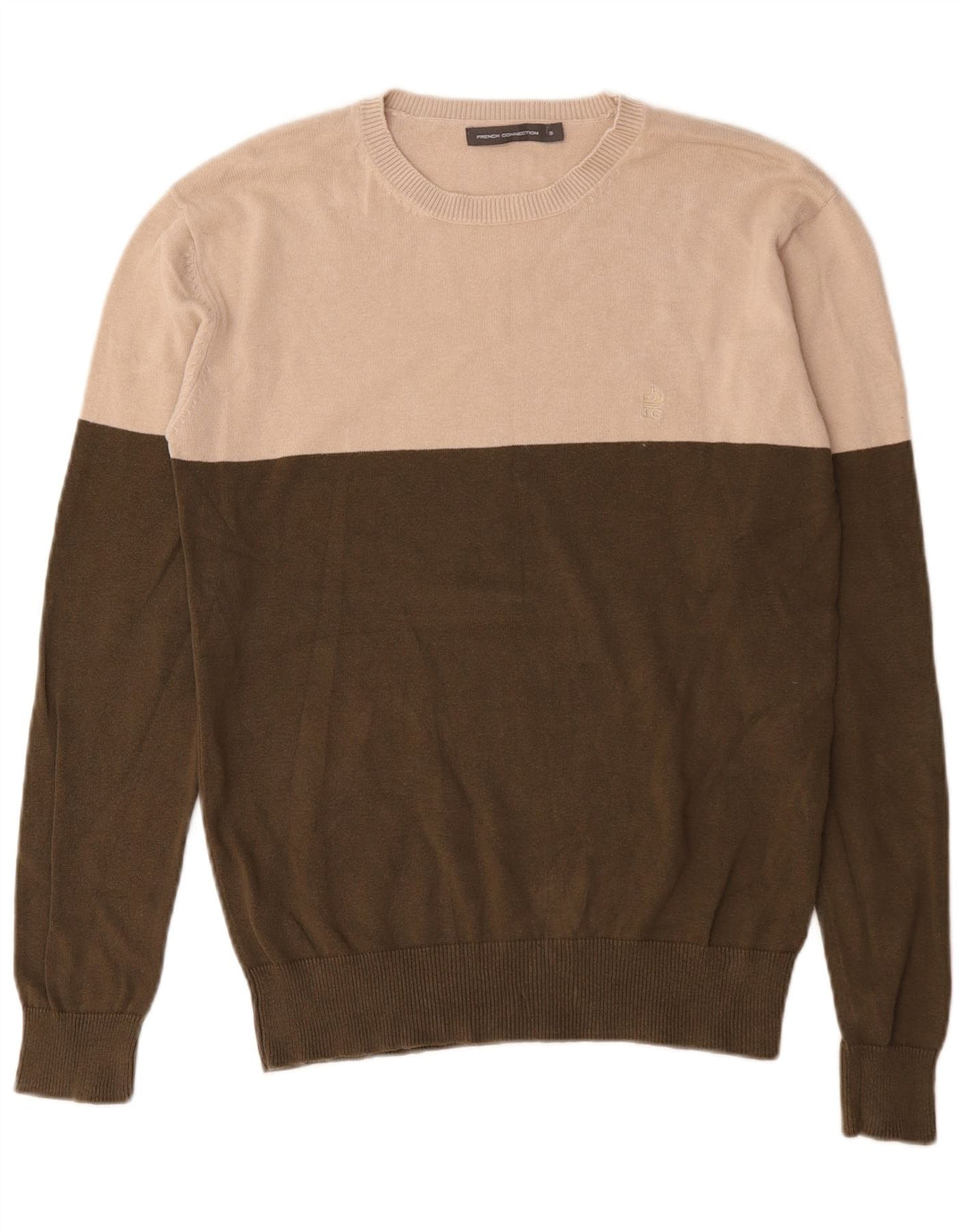French Connection Mens Crew Neck Jumper Sweater Small Khaki Colourblock