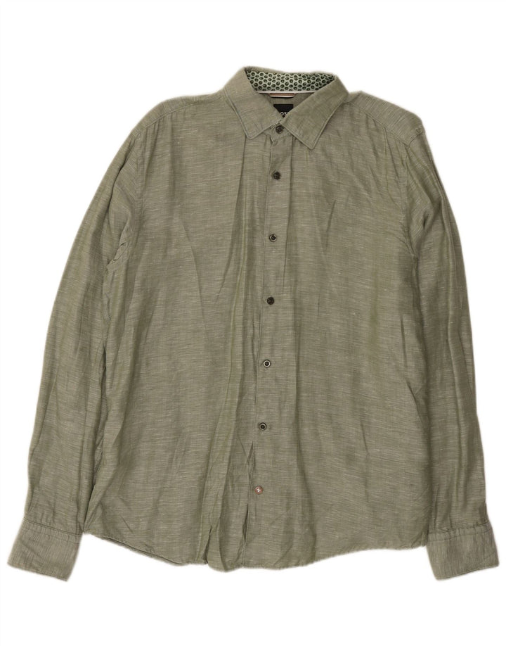 Hugo Boss Mens Shirt Size 41 Large Green Linen
