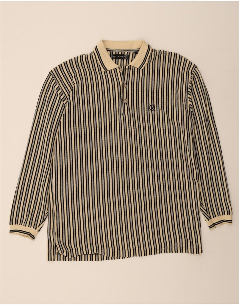 LERROS Mens Long Sleeve Polo Shirt 2XL Beige Striped Cotton Vintage Lerros and Second-Hand Lerros from Messina Hembry 