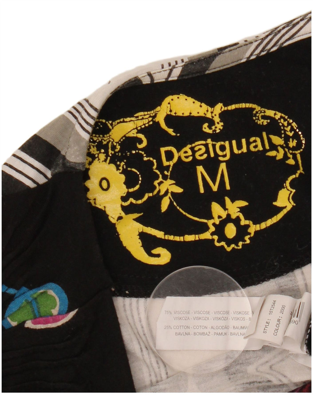 DESIGUAL Womens Graphic Top Long Sleeve UK 12 Medium Black Floral Viscose